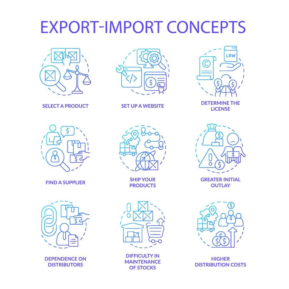 exportar e importar o conjunto de ícones de conceito gradiente azul de negócios. ilustração de cores de linha fina de ideia de empreendedorismo. desenhos de contorno isolados. traço editável. vetor