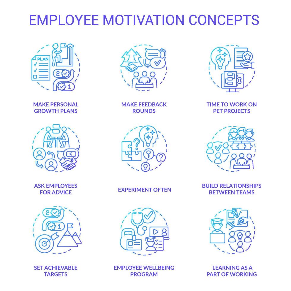 conjunto de ícones de conceito gradiente azul motivação empregado. ilustrações de cores de linha fina de ideia de bem-estar do trabalhador. construir relacionamentos entre as equipes. símbolos isolados. vetor