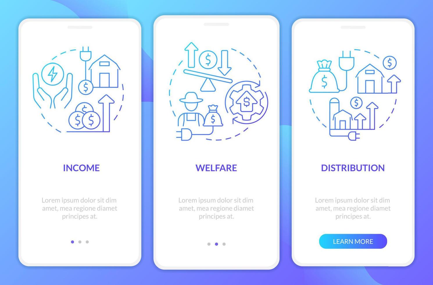 a eletrificação rural impacta a tela do aplicativo móvel de integração do gradiente azul. passo a passo 3 passos páginas de instruções gráficas com conceitos lineares. ui, ux, modelo de gui. vetor