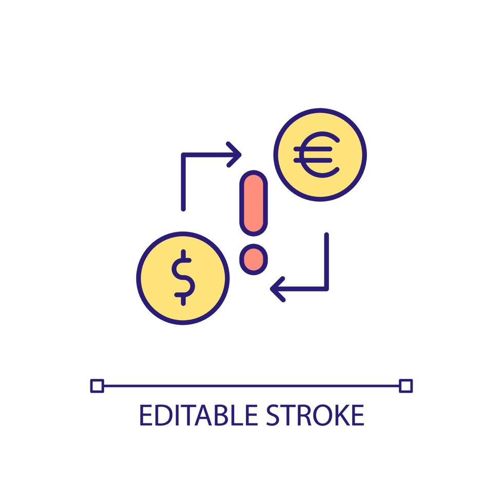risco de câmbio de moeda ícone de cor rgb. perigo financeiro. procedimento bancário. dólar para euro. ilustração vetorial isolado. desenho de linha preenchido simples. traço editável. vetor