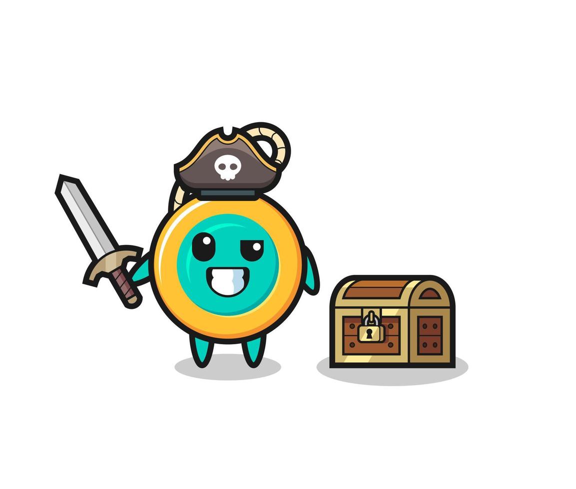 o personagem pirata yoyo segurando a espada ao lado de uma caixa de tesouro vetor