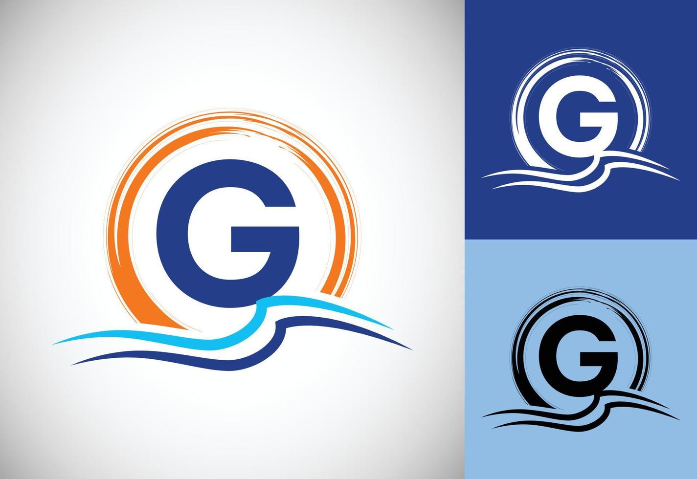 letra inicial do monograma g com ondas do mar de água e o sol. conceito de design de logotipo de praia vetor