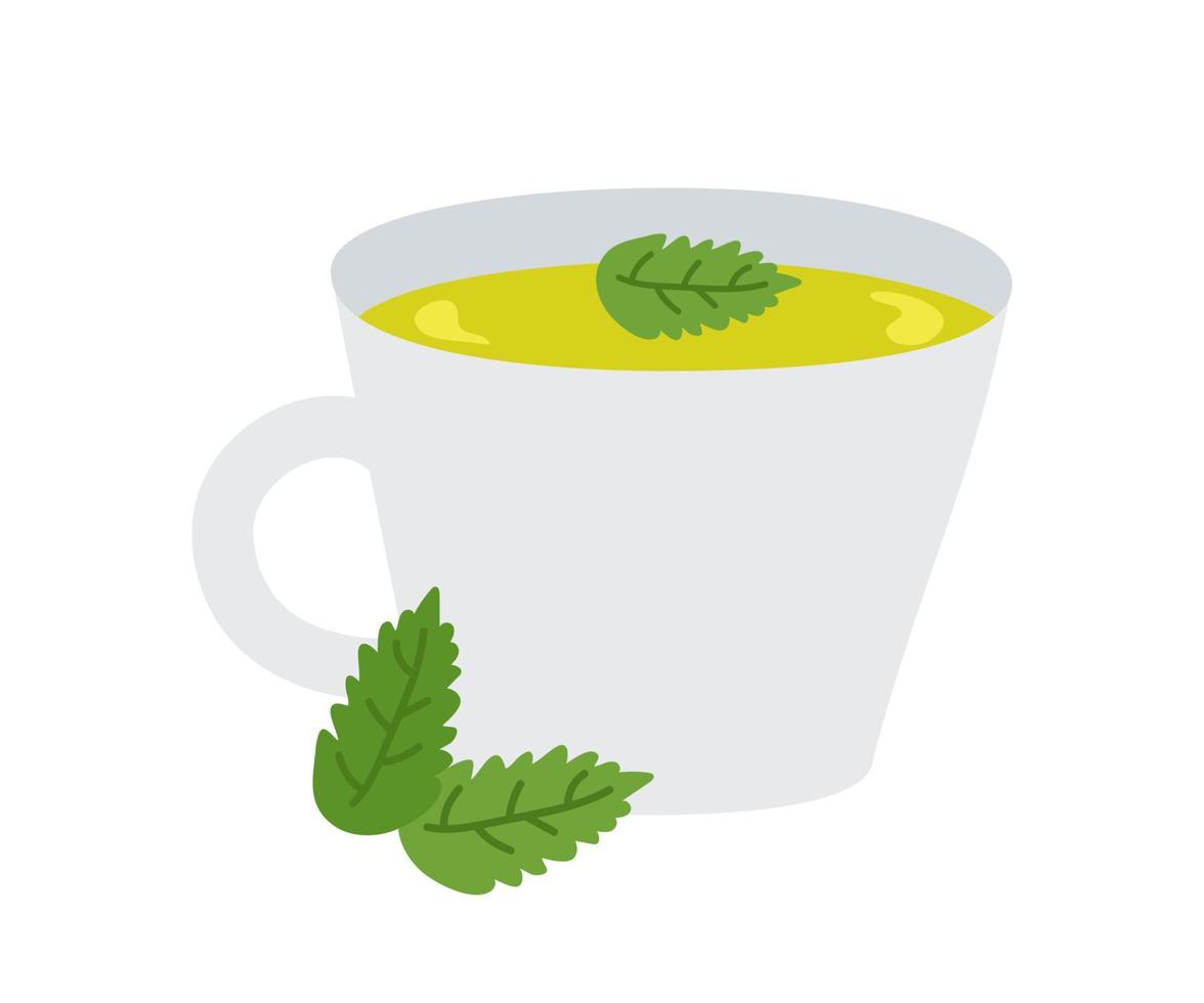 caneca de chá verde de ervas com folhas de hortelã. ilustração em vetor de uma bebida saudável para design ou decoração.