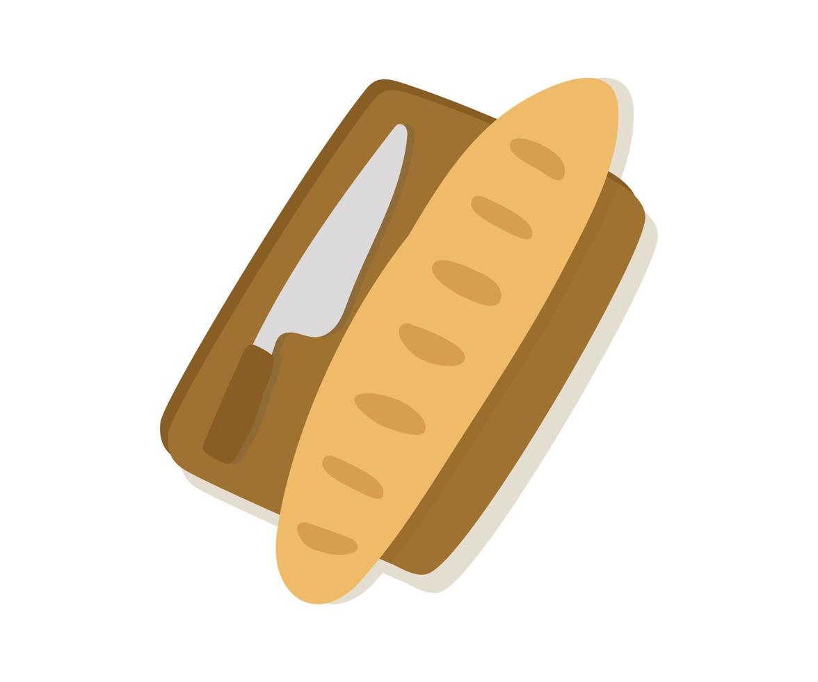 pão de baguete fresca em uma placa de madeira para cortar com uma faca. ilustração vetorial em um estilo simples de desenho animado. para cartões postais, rótulos, design, banner, publicidade vetor