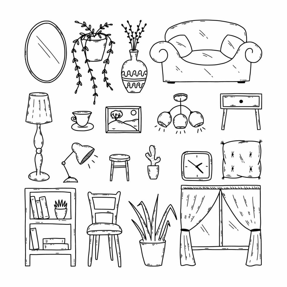 definir ilustração de doodle. móveis e artigos de decoração para casa. coleção desenhada à mão. vetor