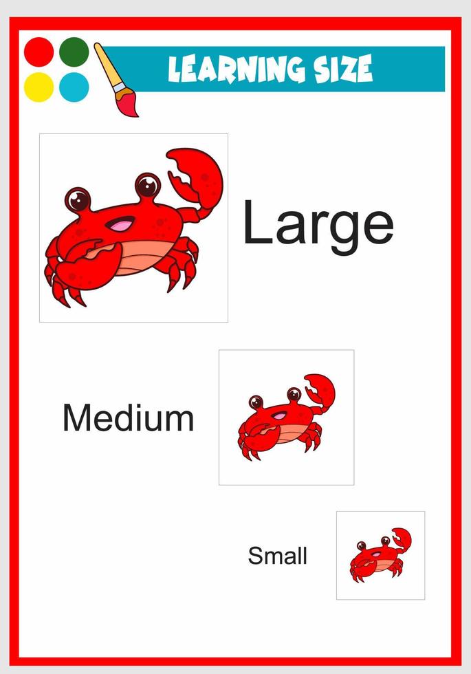 tamanho de aprendizagem para crianças caranguejo fofo vetor