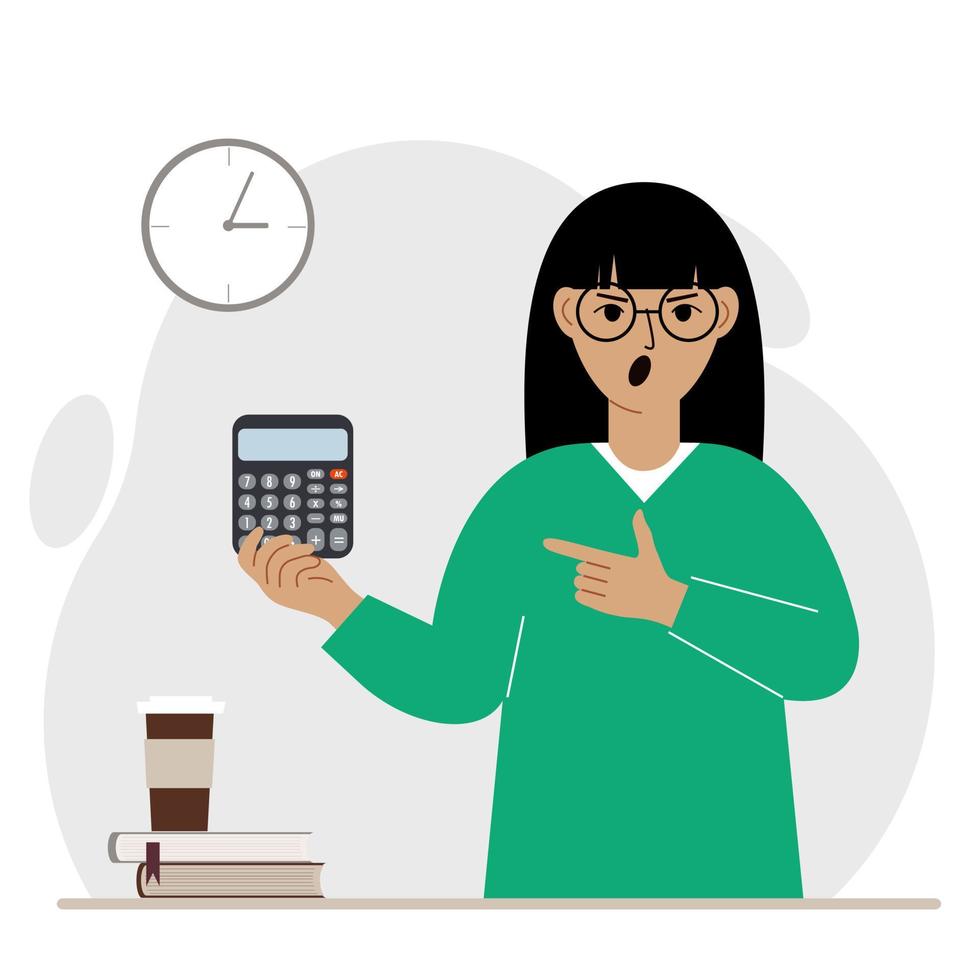 mulher gritando com raiva tem uma calculadora digital na mão e aponta para a calculadora com a outra mão. ilustração vetorial plana vetor