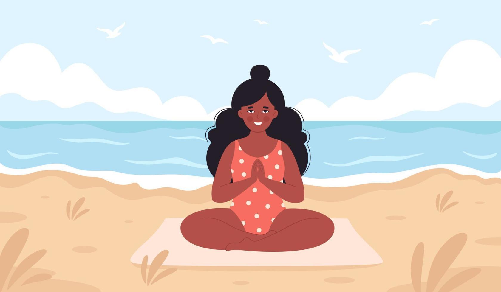 mulher negra meditando na praia. olá verão, lazer de verão, férias, estilo de vida saudável vetor