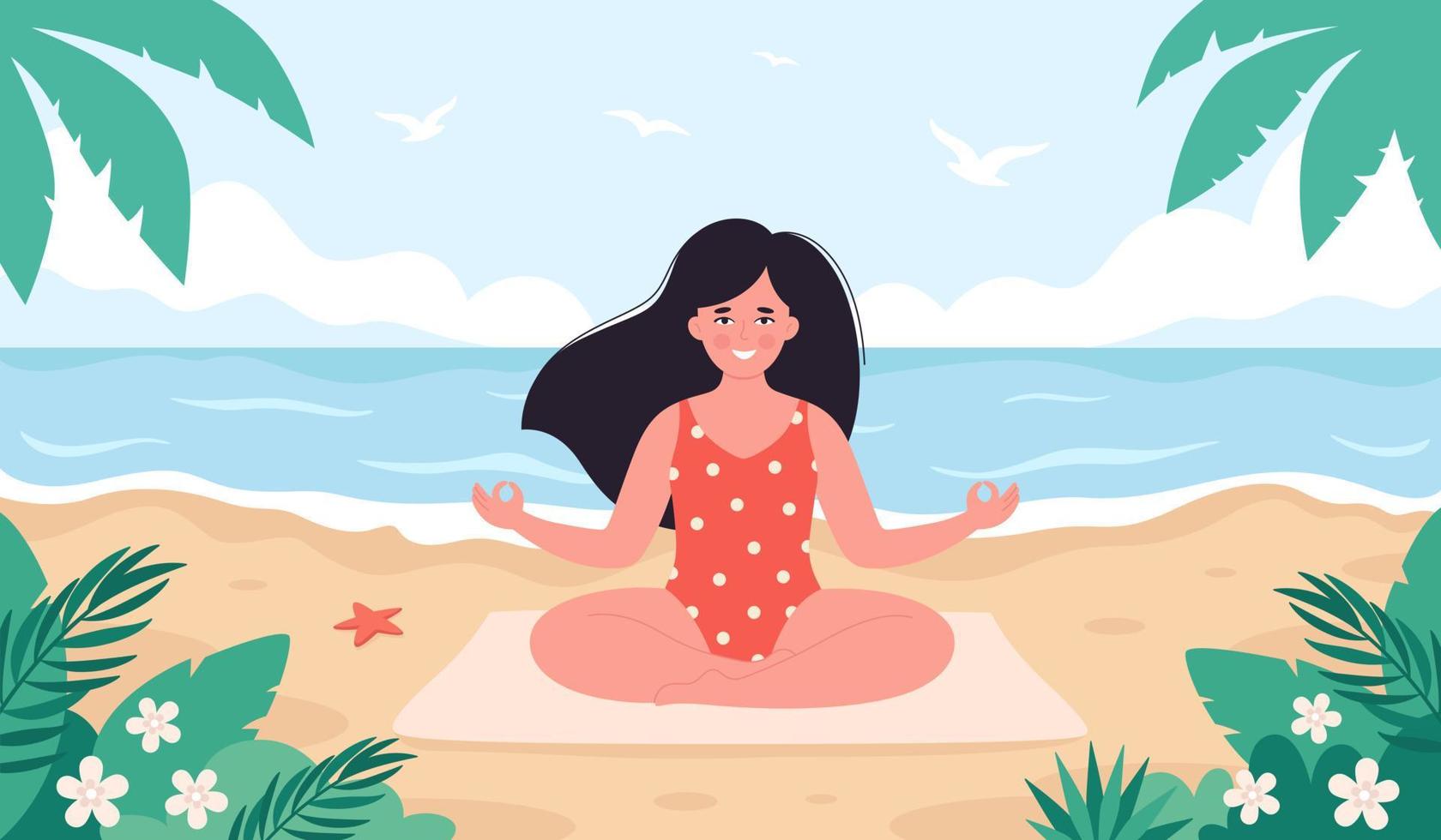 mulher meditando na praia. olá verão, lazer de verão, férias, estilo de vida saudável vetor