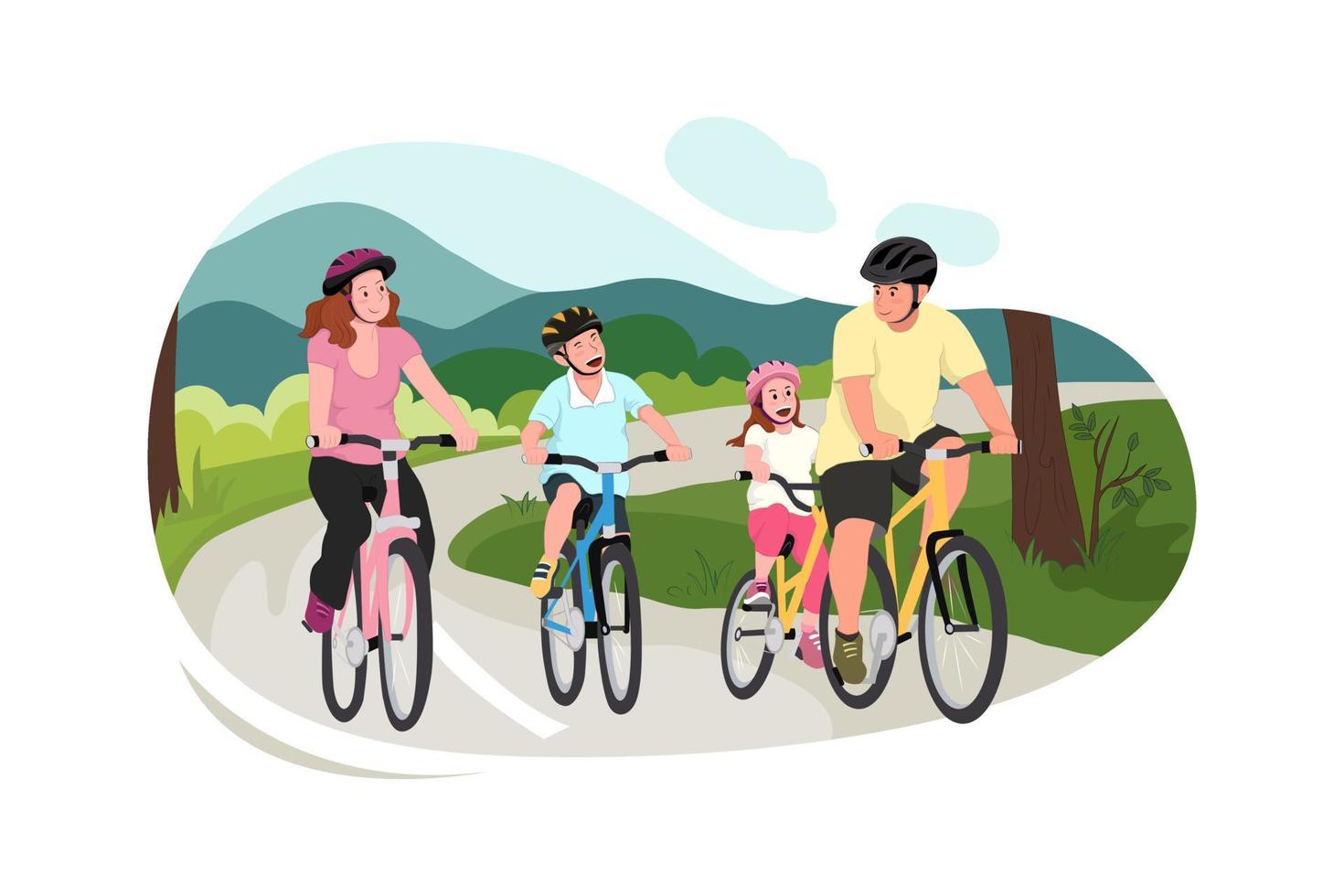 pai irmãos mãe com criança andando de bicicleta. ilustração vetorial plana no pai, irmãos, mãe com criança andando de bicicleta. projeto de conceito de esporte e recreação familiar vetor