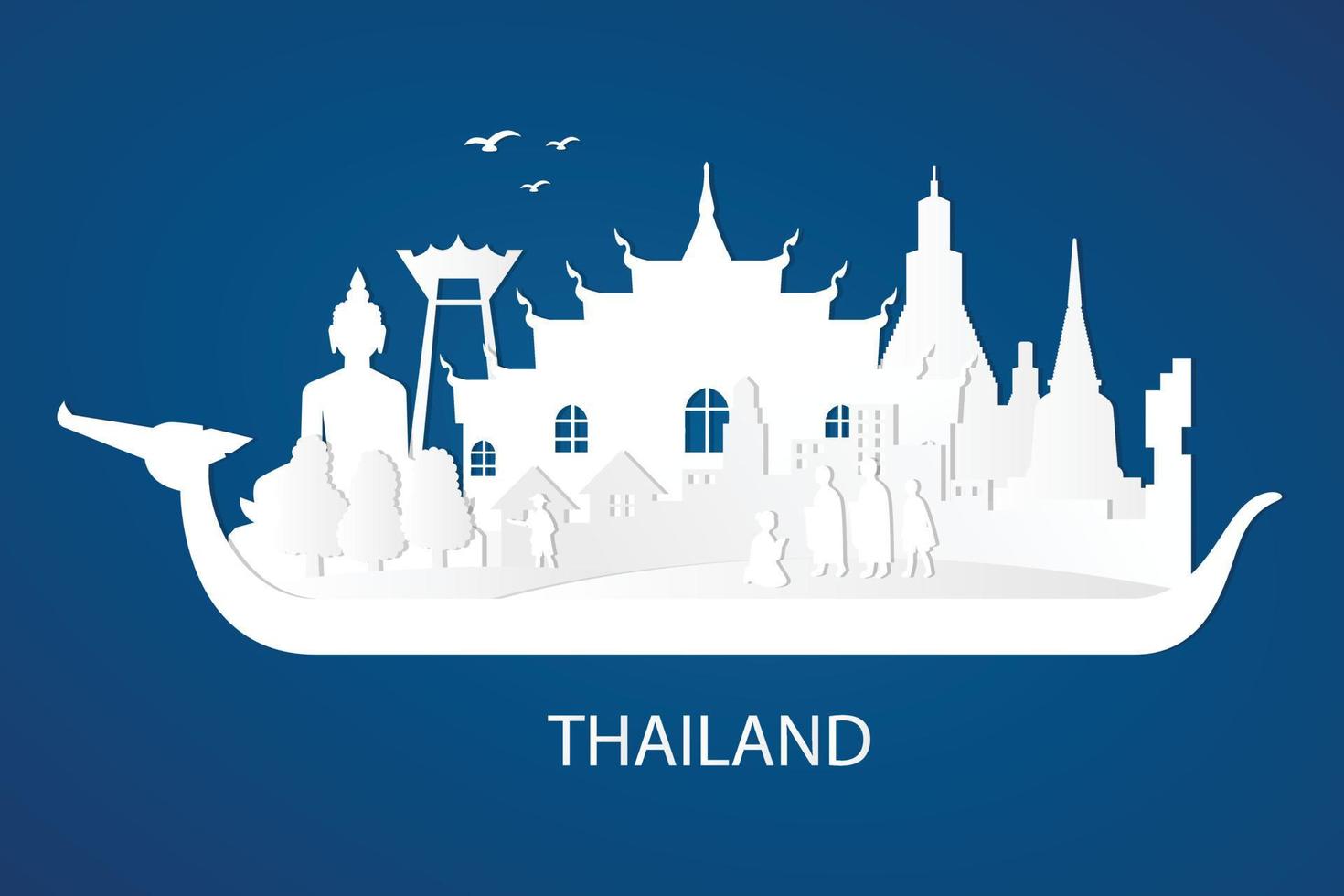 Tailândia com monumentos famosos em ilustração vetorial de estilo de corte de papel. fundo do conceito de viagens. vetor