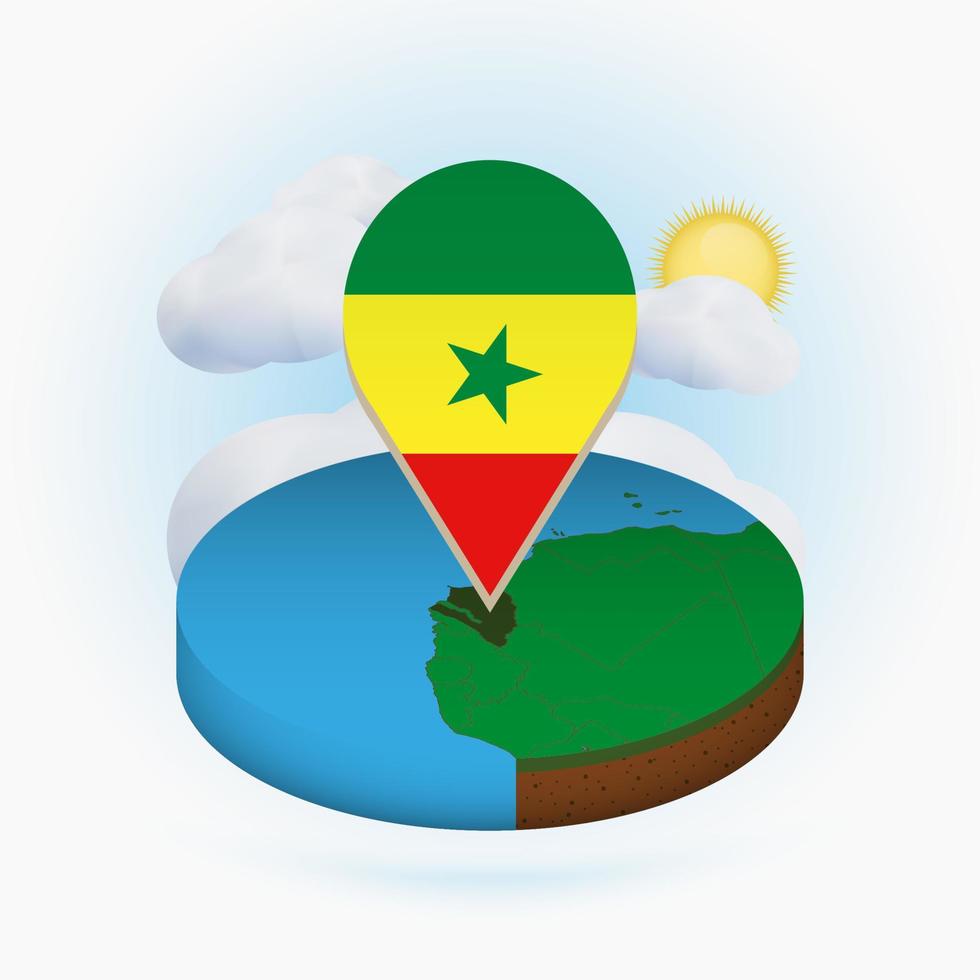 mapa redondo isométrico do senegal e marcador de ponto com bandeira do senegal. nuvem e sol no fundo. vetor