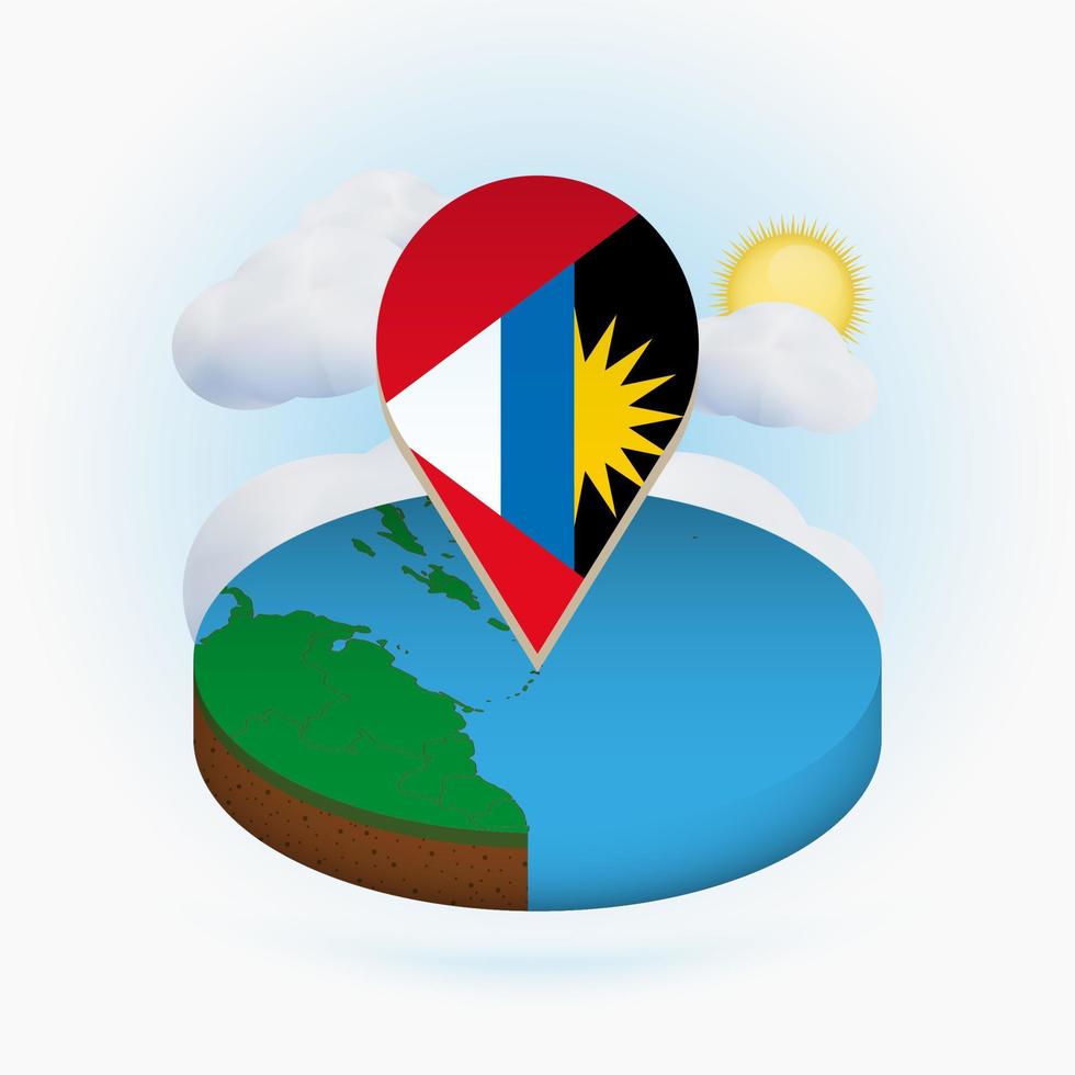 mapa redondo isométrico de antígua e barbuda e marcador de ponto com bandeira de antígua e barbuda. nuvem e sol no fundo. vetor