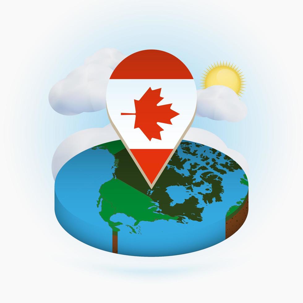 mapa redondo isométrico do canadá e marcador de ponto com bandeira do canadá. nuvem e sol no fundo. vetor