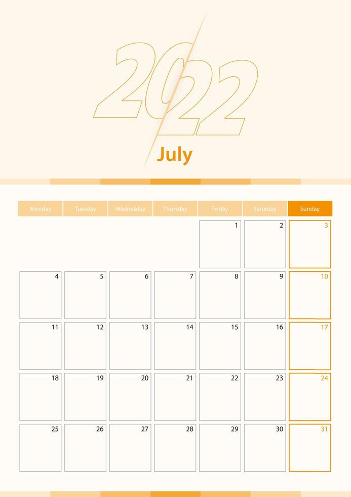 folha de calendário vertical vetor moderno para julho de 2022, planejador em inglês.