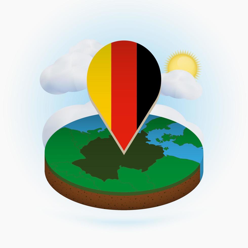 mapa redondo isométrico da alemanha e marcador de ponto com bandeira da alemanha. nuvem e sol no fundo. vetor