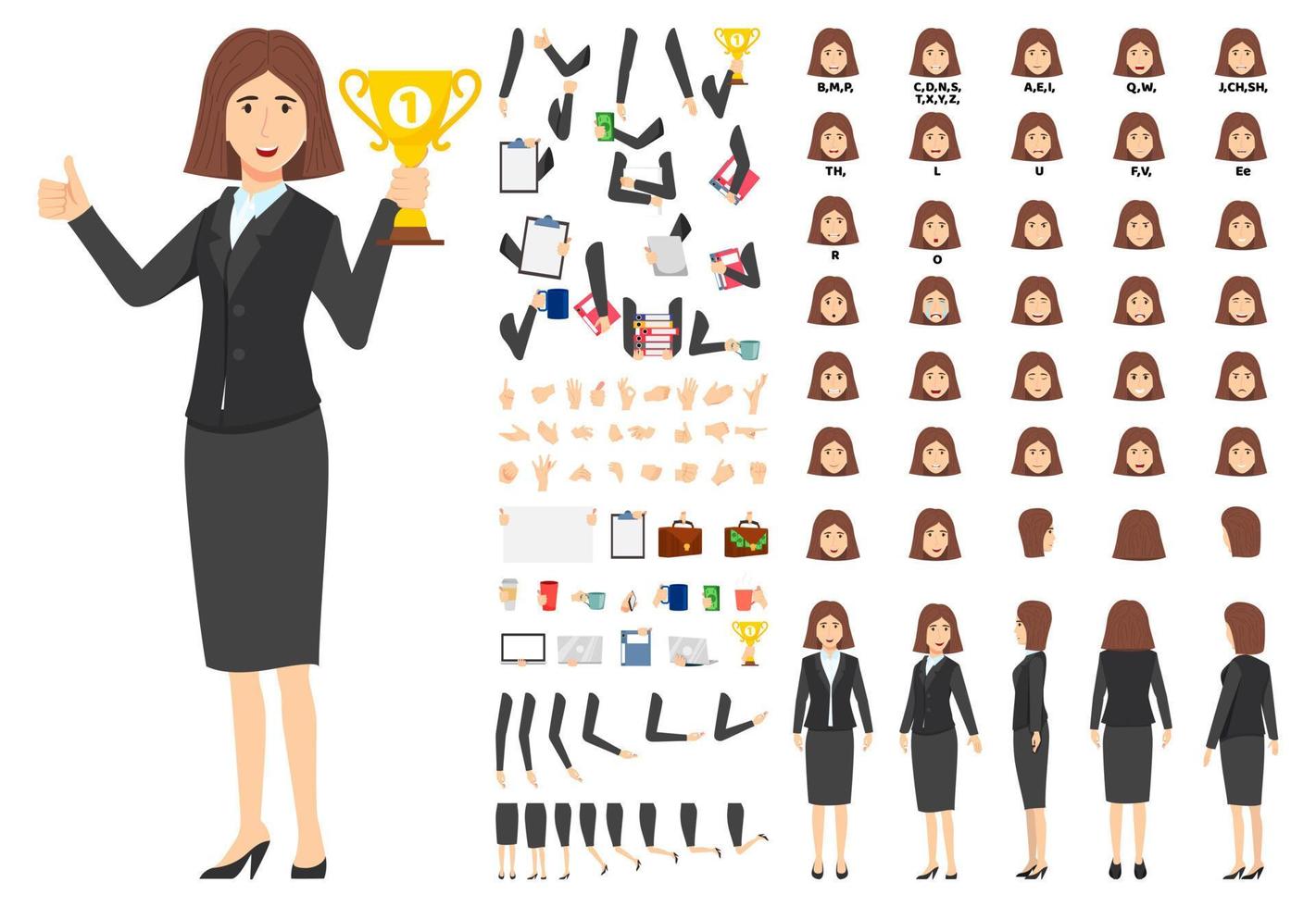 personagem de empresária de desenho animado em pé com troféu com animação definida com posição diferente poses sincronização de lábios para animação de boca mãos definir pernas isoladas vetor