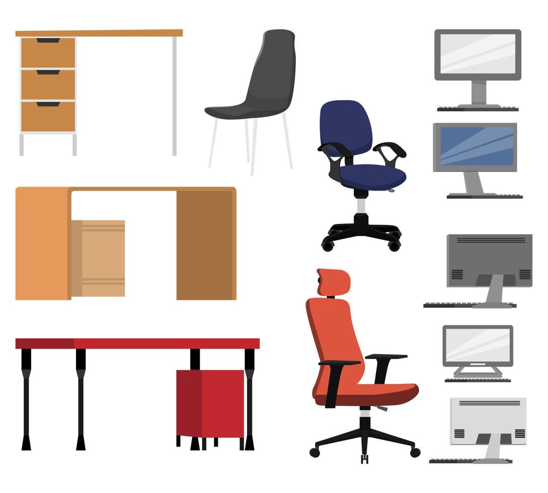 conjunto de equipamentos para escritório em casa conjunto com mesa de cadeira pc laptop placa de pc e café vetor