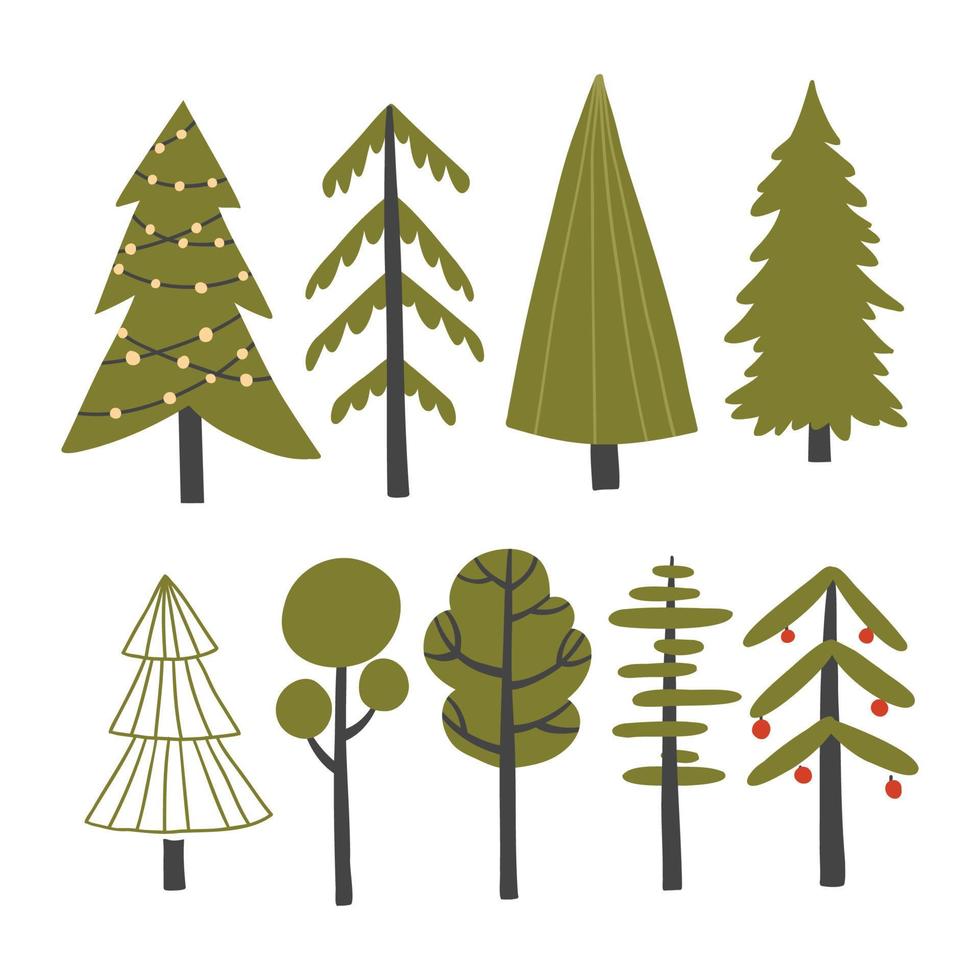 conjunto de árvores de natal de diferentes formas em um estilo simples. árvores de diferentes tamanhos e formas. ilustração vetorial isolada no fundo branco. vetor