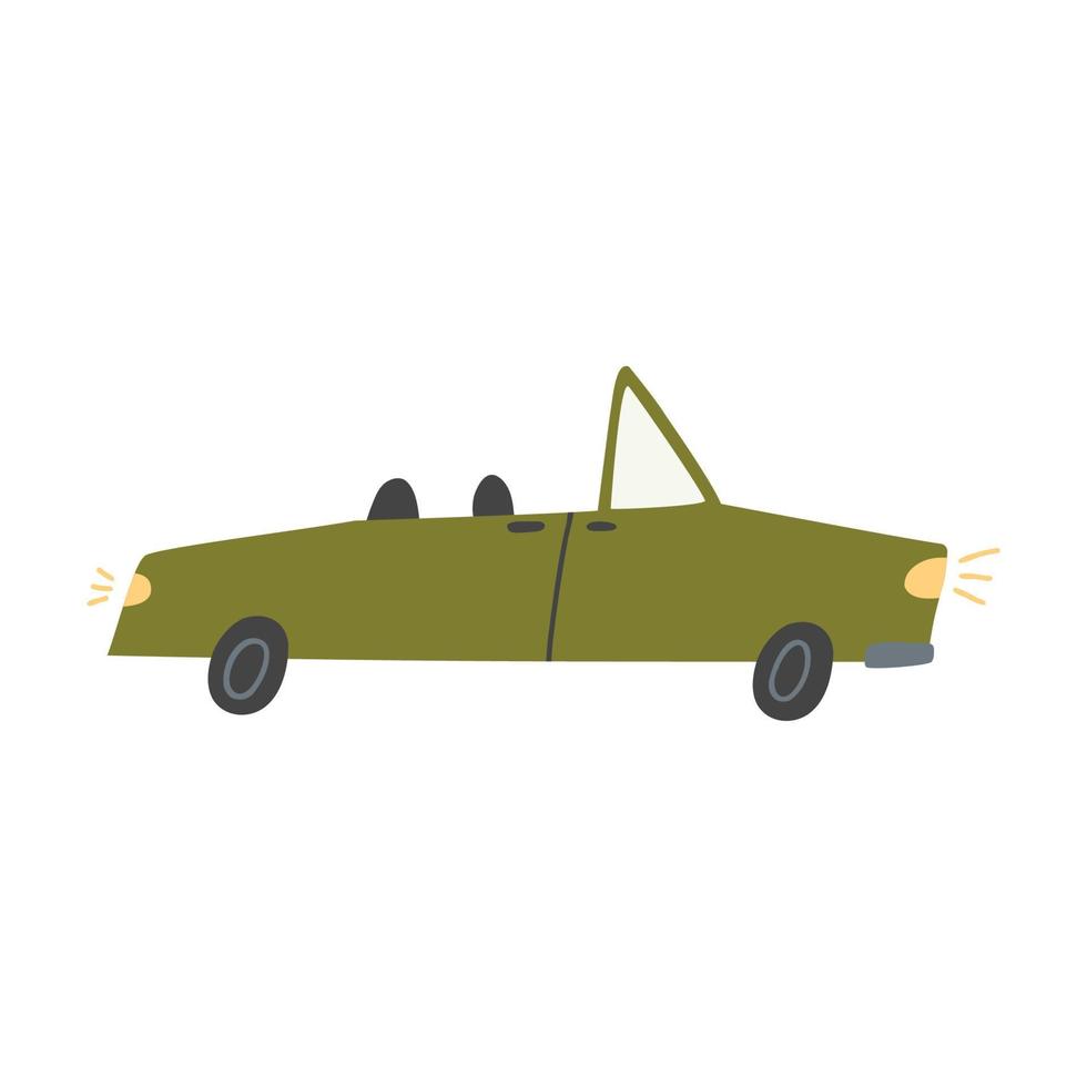 carro verde bonito isolado no branco. carro dos desenhos animados texturizado doodle desenho clipart. ilustração vetorial plana estilo escandinavo, impressão infantil vetor