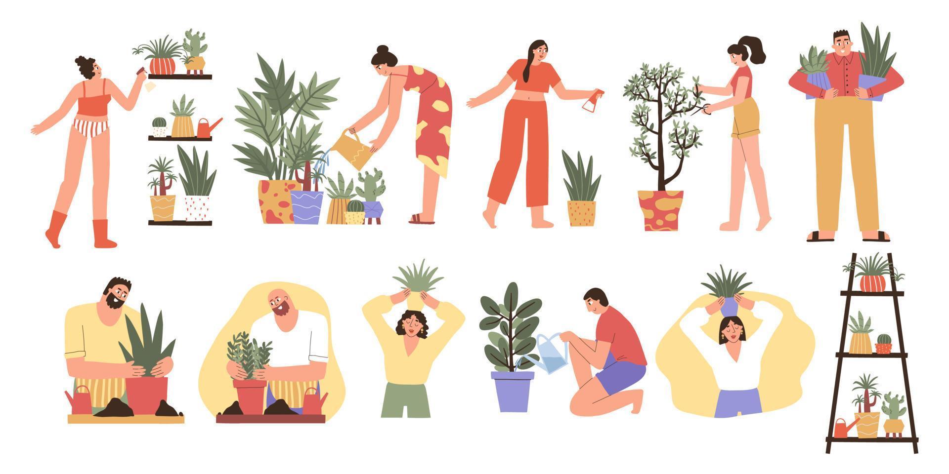 conjunto com pessoas cuidando de plantas femininas. ilustração vetorial ilustração desenhada à mão vetor