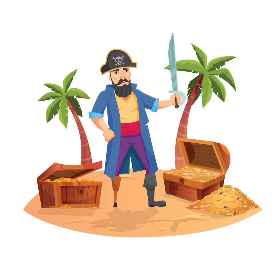 composição de pirata com personagem humano de desenho animado de paisagem de ilha com ilustração vetorial de baú de tesouro vetor