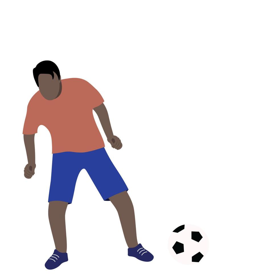 cara amador jogando futebol, vetor isolado no fundo branco, ilustração sem rosto, retrato de um cara de pele escura com uma bola de futebol
