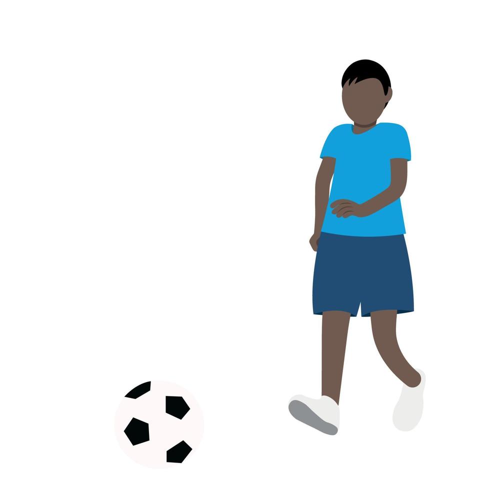 retrato de menino negro correndo com bola de futebol, vetor isolado no fundo branco, ilustração sem rosto, menino jogando futebol