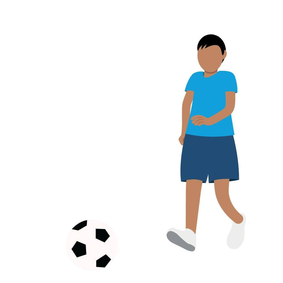 retrato de menino correndo indiano com bola de futebol, vetor isolado no fundo branco, ilustração sem rosto, menino jogando futebol