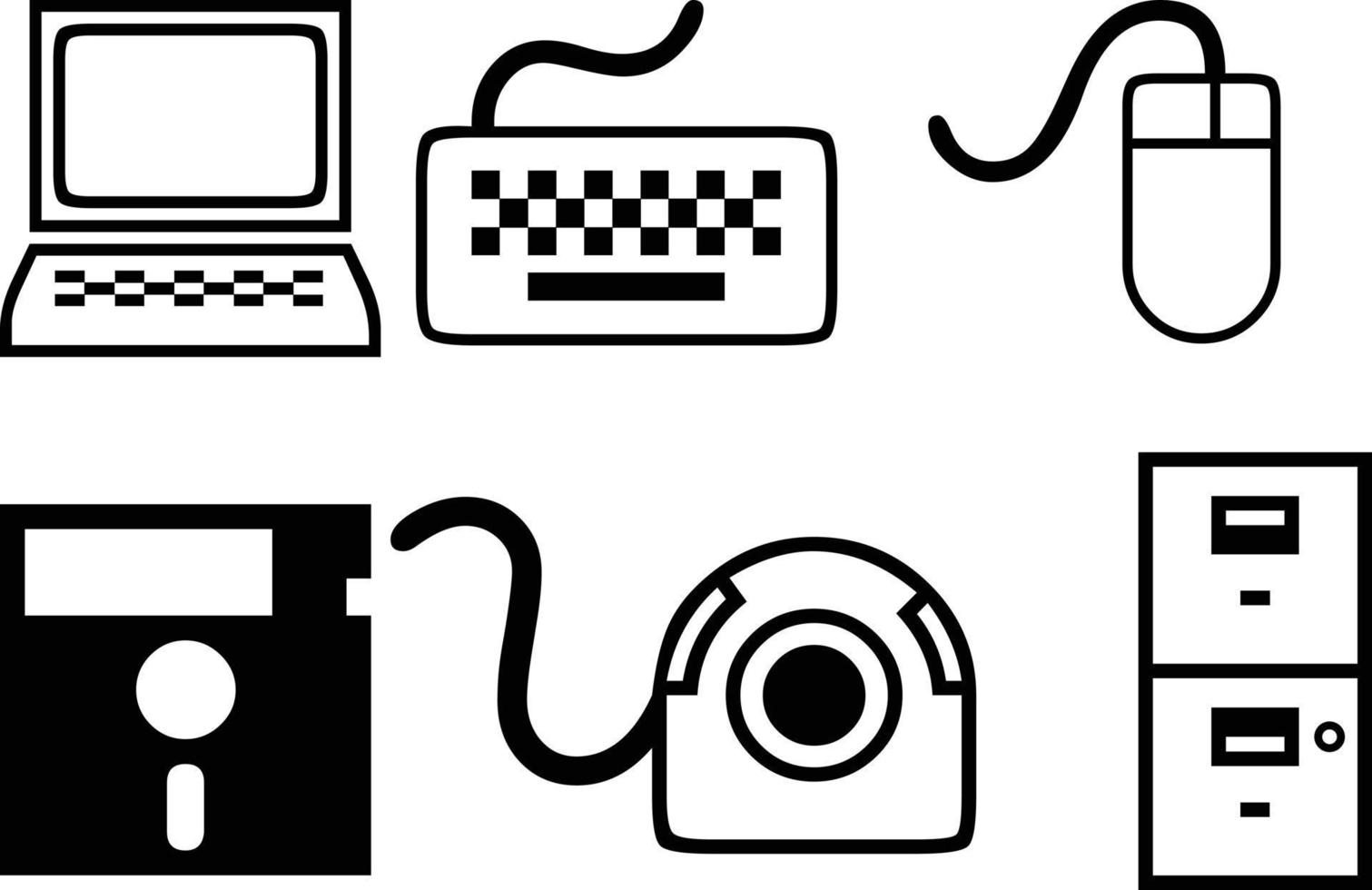 ilustração do ícone do monitor do computador, teclado, mouse, disquete e câmera web, vetor