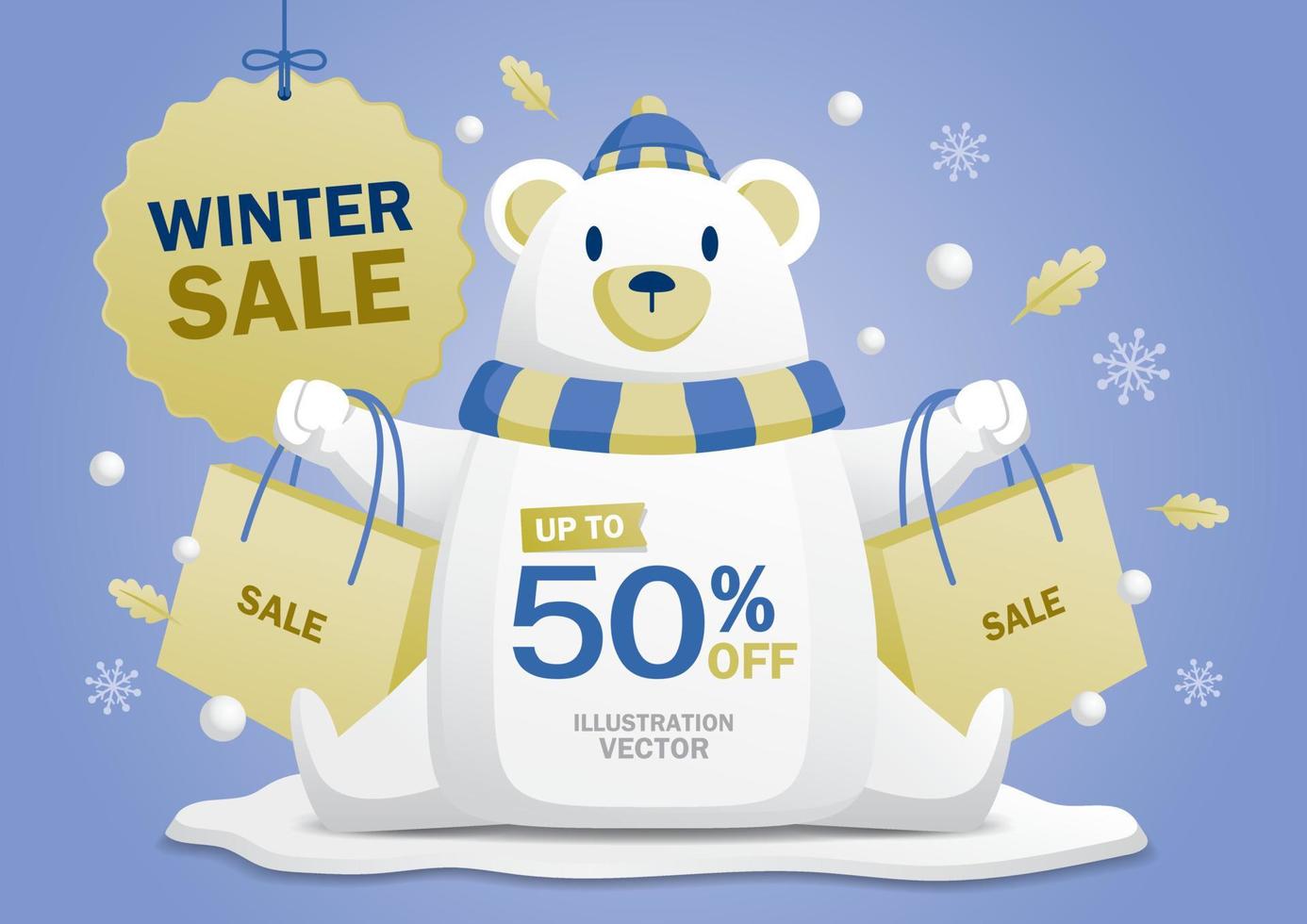 um lindo urso branco apresenta a promoção de inverno. vetor de banner gráfico de inverno.