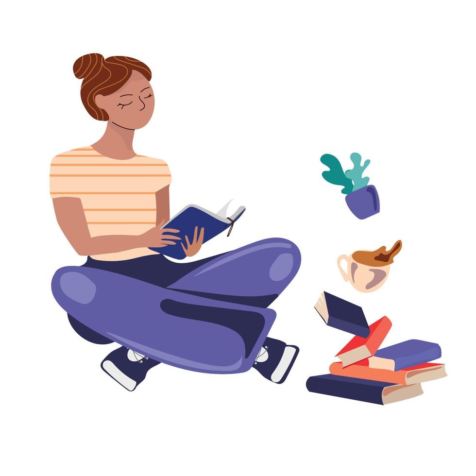 lendo ilustração em vetor jovem isolado na menina background.modern branca com um livro nas mãos e uma pilha de books.love para o conceito de reading.education.