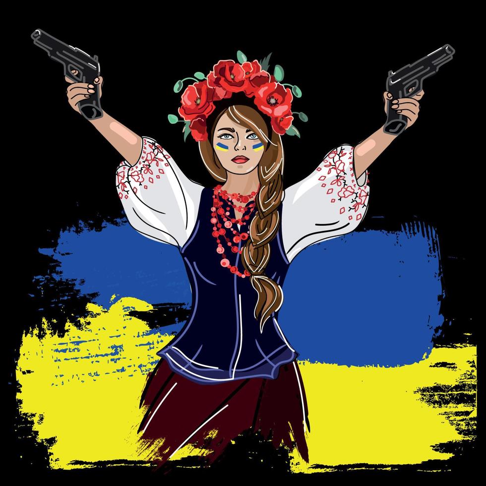 mulher ucraniana em um traje tradicional nacional com uma arma nas mãos, defendendo seu país e do agressor. linda garota armada da Ucrânia um modelo de design de fundo preto. vetor