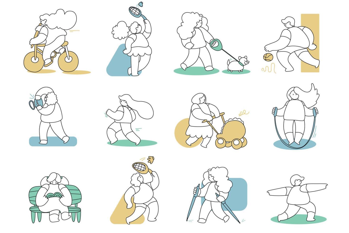 pessoas felizes fazendo diferentes atividades ao ar livre correndo, passeando com cães, ioga, exercício, esporte, ciclismo, andando com carrinho de bebê. ilustração vetorial em estilo simples, conceito de estilo de vida saudável. vetor