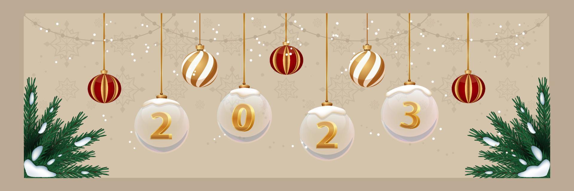 banner horizontal de natal 2023 com galhos de abeto e bolas de árvore de natal. layout de folheto de venda de ano novo. vetor