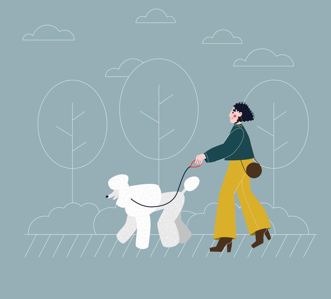 jovem andando com um poodle de raça de cachorro na cidade. ilustração vetorial plana. vetor