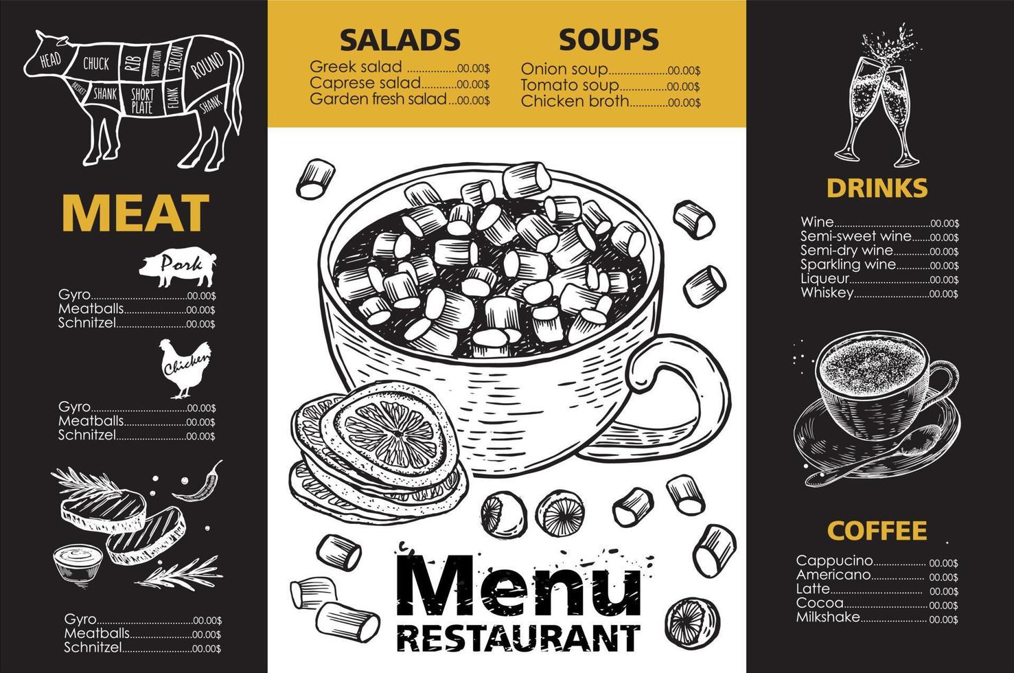 design de modelo de menu para restaurante, ilustração de esboço. vetor. vetor