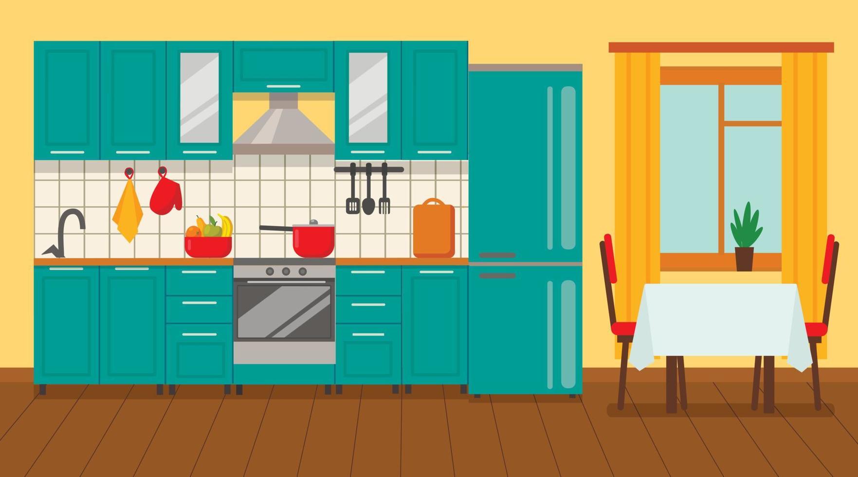 interior da cozinha com móveis e fogão, armário, pratos, geladeira e utensílios. ilustração em vetor estilo cartoon plana.