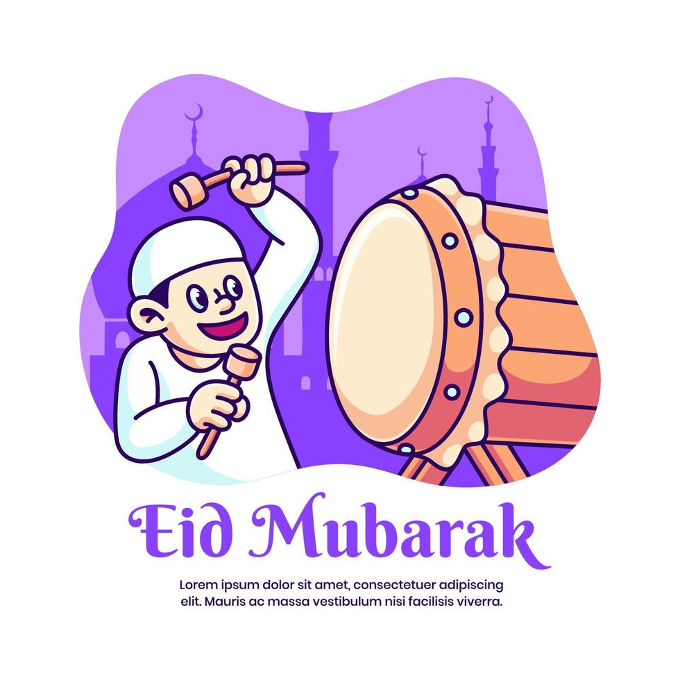 cara bonito batendo a ilustração vetorial de tambor. desenho islâmico de personagem eid vetor