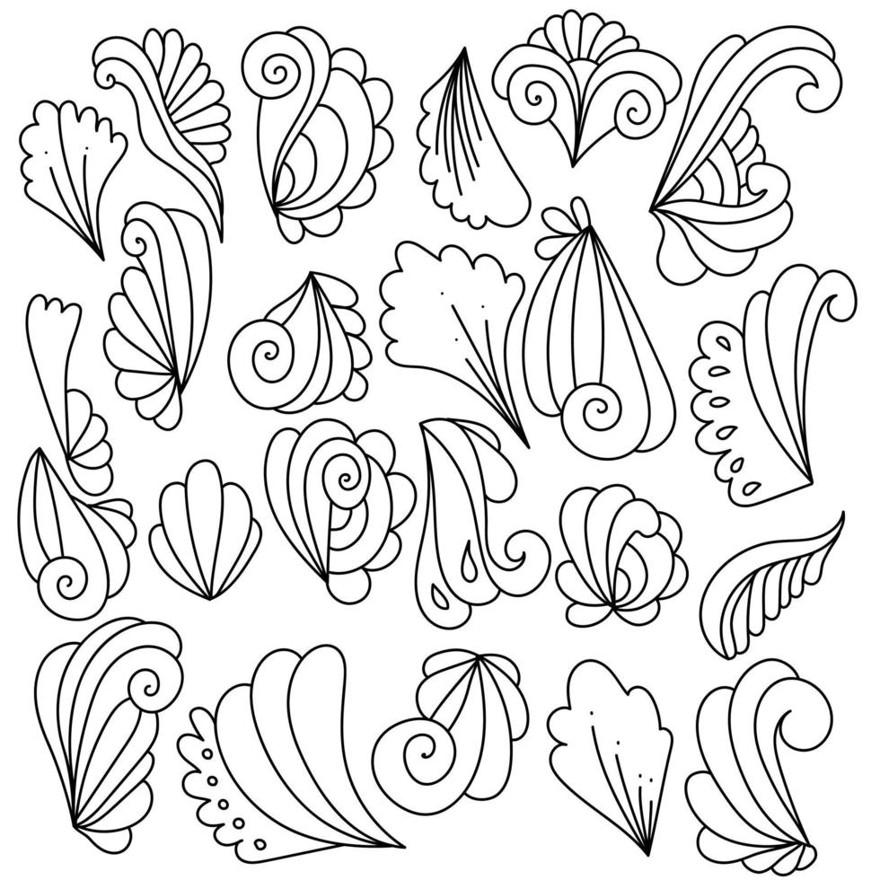 conjunto de rabiscos abstratos com folhas e cachos, elementos decorativos de fantasia vetor