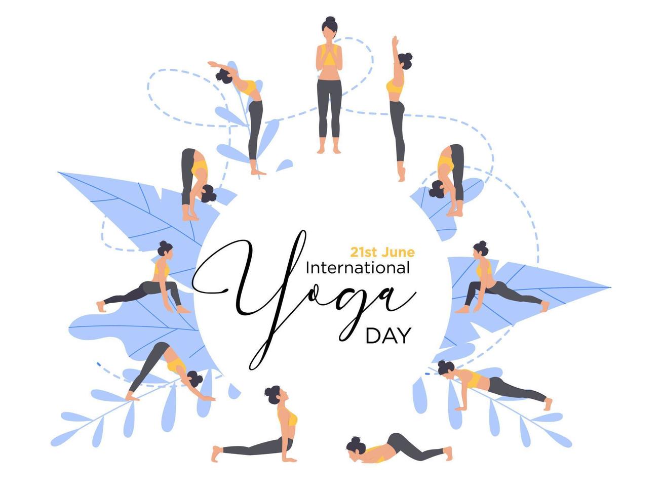 vetor banner 21 de junho dia internacional da ioga. sequência de ioga de saudação ao sol, eps 10