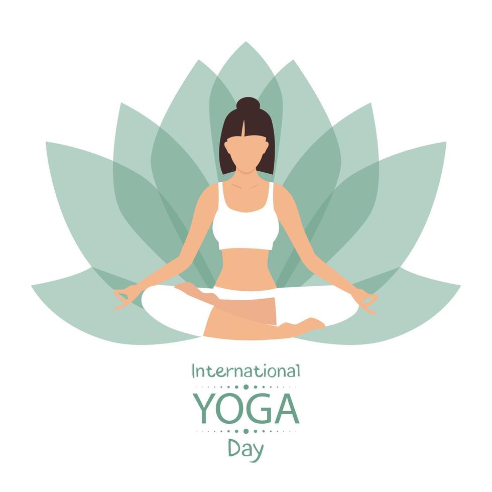 mulher meditando na pose de lótus. cartaz do dia internacional da ioga ou banner vetorial vetor