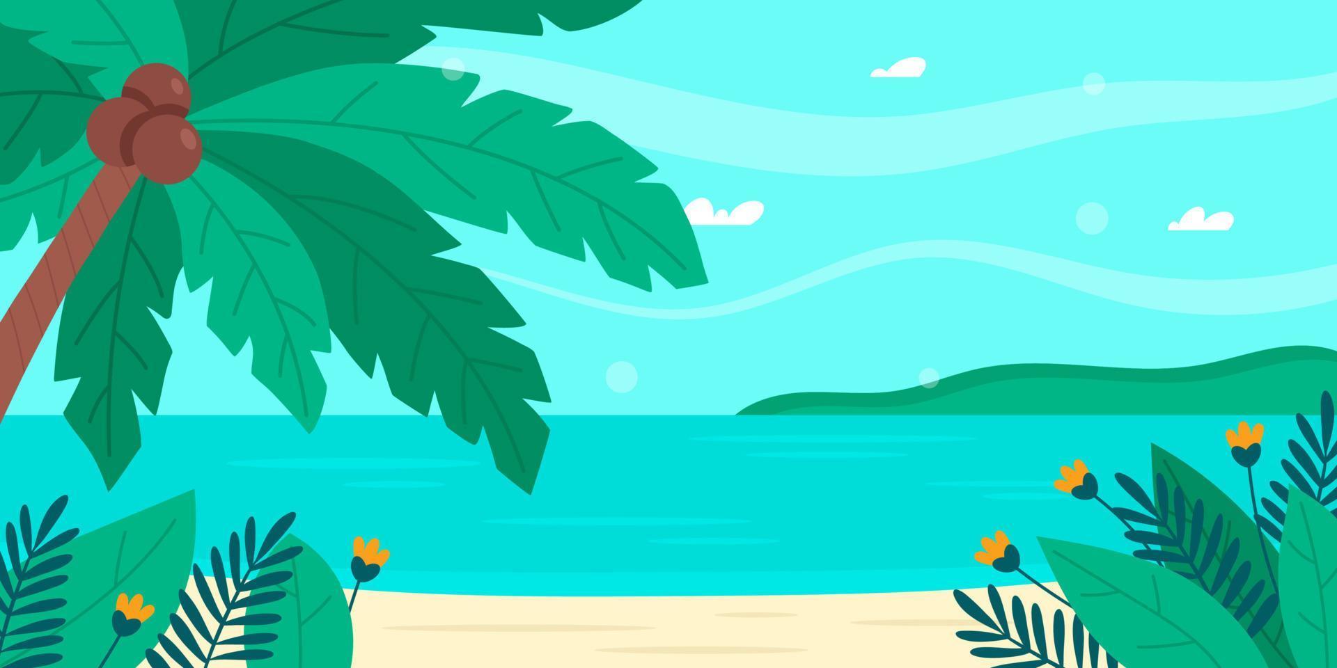 paisagem de praia com plantas, folhas, palmeiras vetor
