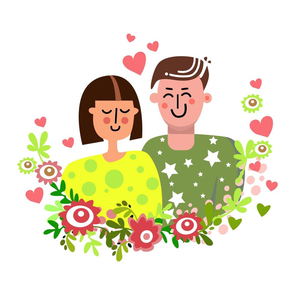 retrato de casal homem e mulher com guirlanda floral vetor