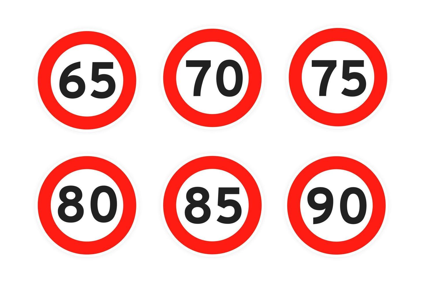 limite de velocidade 65, 70, 75, 80, 85, 90 rodada ícone de tráfego rodoviário sinal estilo plano design ilustração vetorial conjunto. vetor