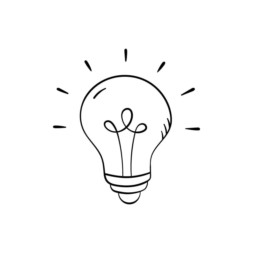 lâmpada em estilo doodle, ilustração vetorial. ícone de idéia desenhada de mão, elemento isolado no fundo branco. símbolo gráfico de lâmpada para impressão e design vetor