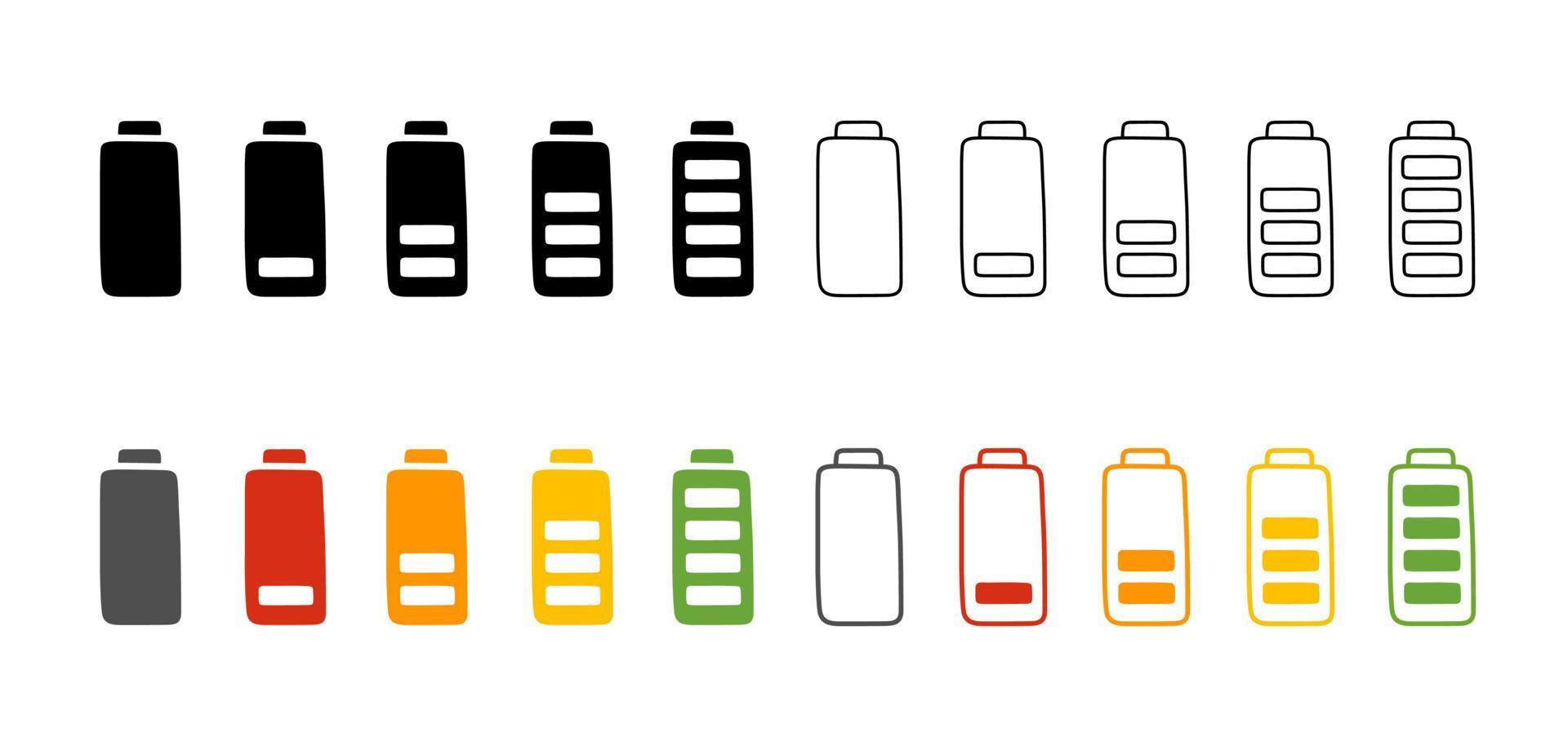 carga da bateria em estilo cartoon, ilustração vetorial. ícones de conjunto desenhados à mão, nível de energia baixo e cheio. elementos de cor isolados no fundo branco. indicador recarregar bateria do celular vetor