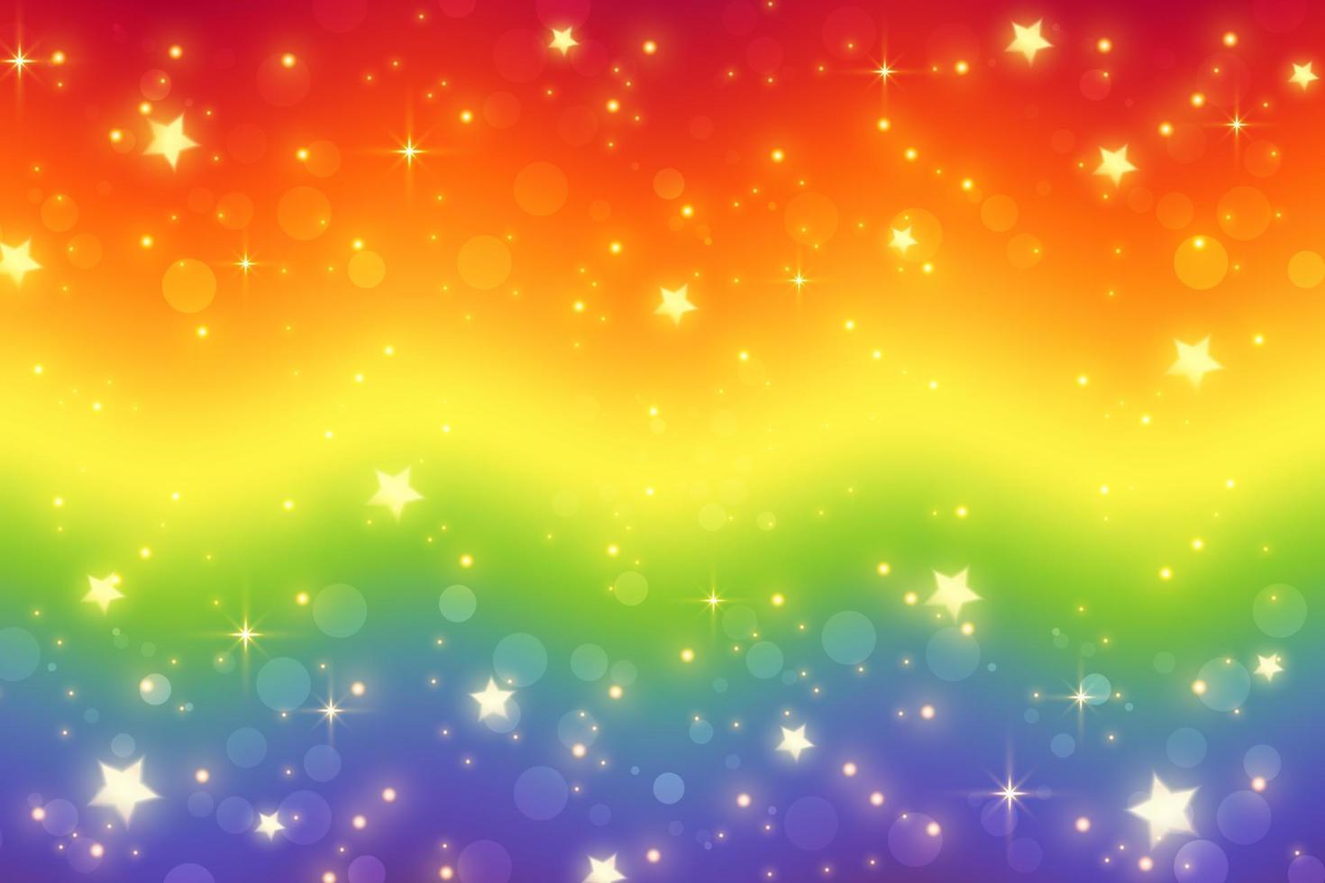 fundo de fantasia de arco-íris. ilustração ondulada holográfica. céu multicolorido brilhante com estrelas e bokeh. vetor. vetor