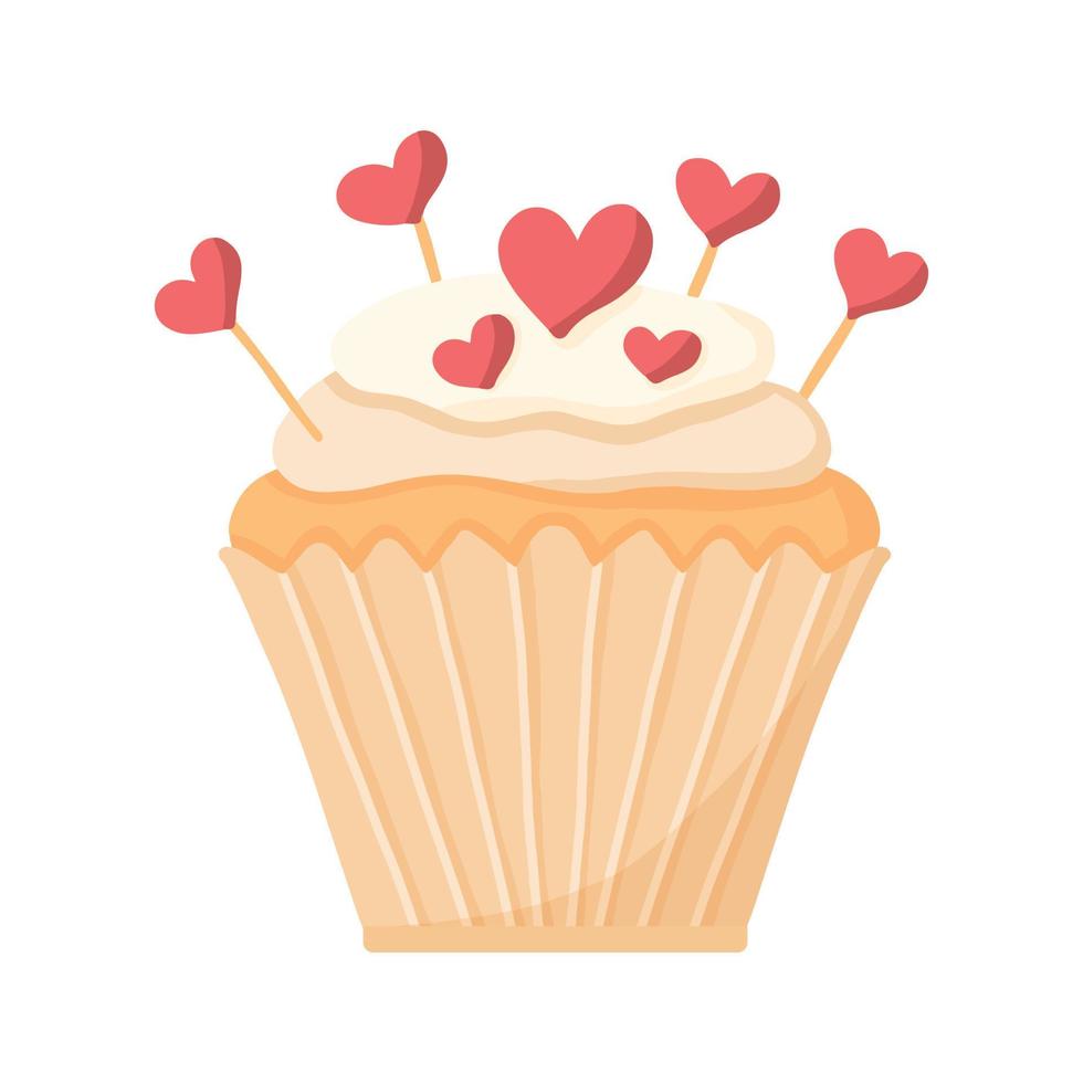 delicioso lindo cupcake com creme e corações. muffin com chantilly. sobremesa apetitosa para aniversários, casamentos e outros feriados. logotipo para padarias. ilustração vetorial. vetor