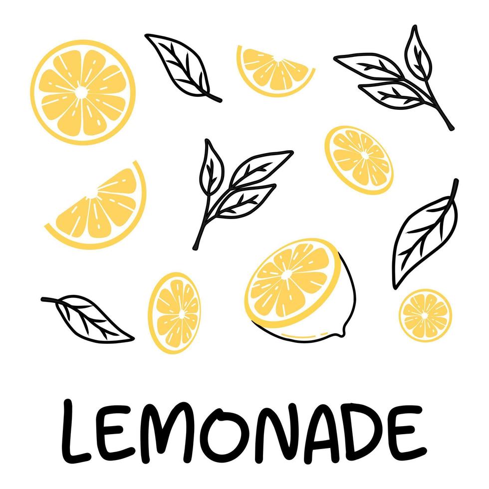 fatias de limão. estilo doodle. ilustração vetorial. conceito de limonada. limonada de limão. vetor